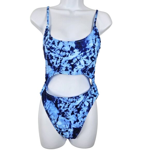 Meyeeka Womens XL Blue Tie-Dye Cut Out High Cut Lace Up Monokini 1 Pc Swimsuit - Picture 4 of 9
